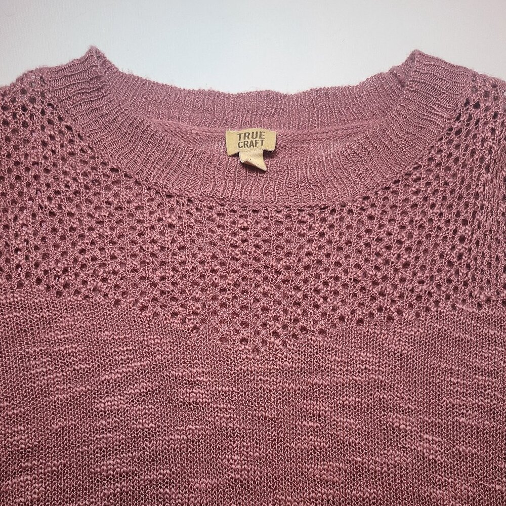 True Craft Dusty Rose Pink Open Knit Sweater – Size Large – Feminine Ruffle Hem - Picture 7 of 12